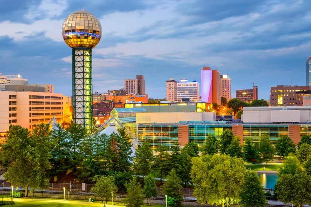 Knoxville, Tennessee, USA city skyline at World's fair Park.