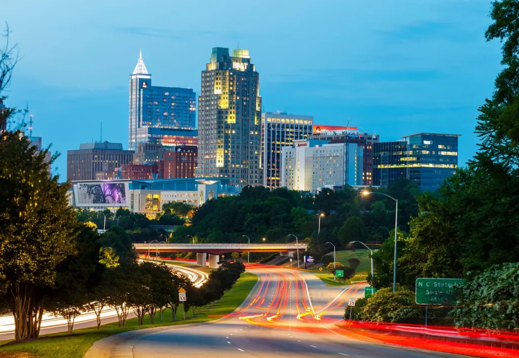 Downtown Raleigh, North Carolina at night.
