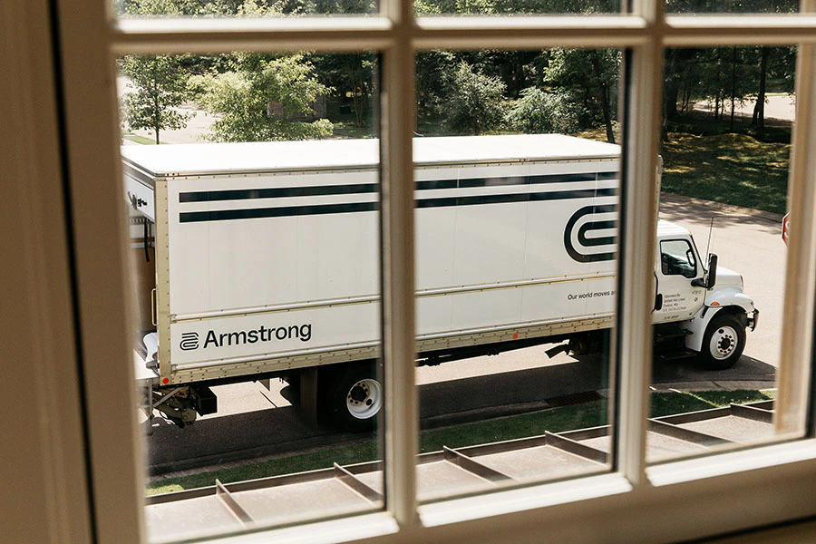 View of a moving truck from a window