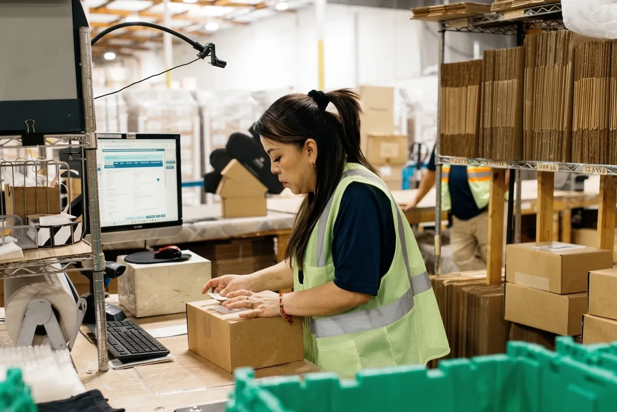 Armstrong associate packing an ecommerce order in a fulfillment center