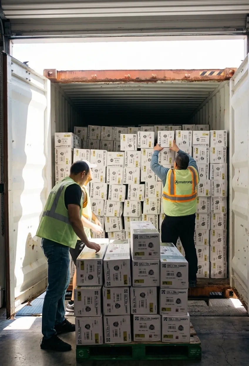Armstrong team loading palletized cartons into a shipping container for B2B distribution